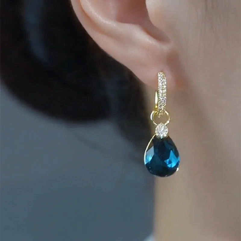 Exquisite Blue Drop-shaped Crystal Pendant Earrings For Women Fashion Personalized Daily Accessories Party Jewelry Birthday Gift