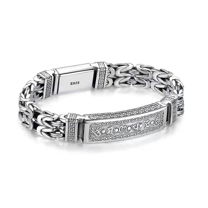 Style Retro 925 Silver Bracelet Woven Snap Double Rows Row Square Chain Six-Character Mantra Bracelet Men Party Jewelry Gift