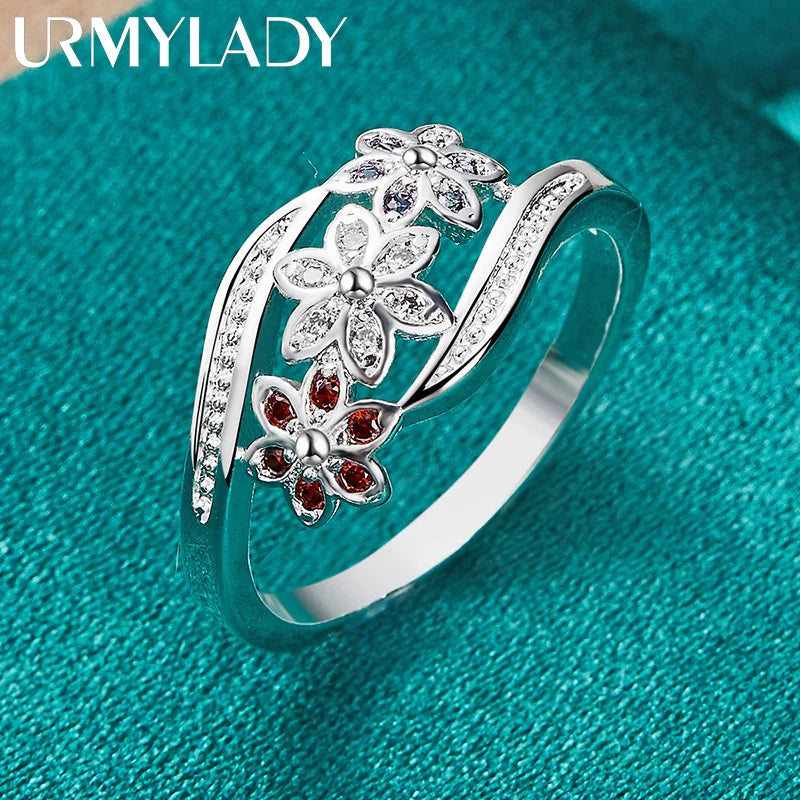 URMYLADY 925 Sterling Silver Red Zircon Flower Ring For Women Wedding Charm Engagement Fashion Jewelry