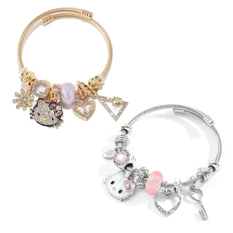 Cute HelloKitty Beaded Pendant Bracelet Anime Cartoon Jewelry Bracelet Kuromi Pandor Gold color Bracelet Suitable for Girls Gift