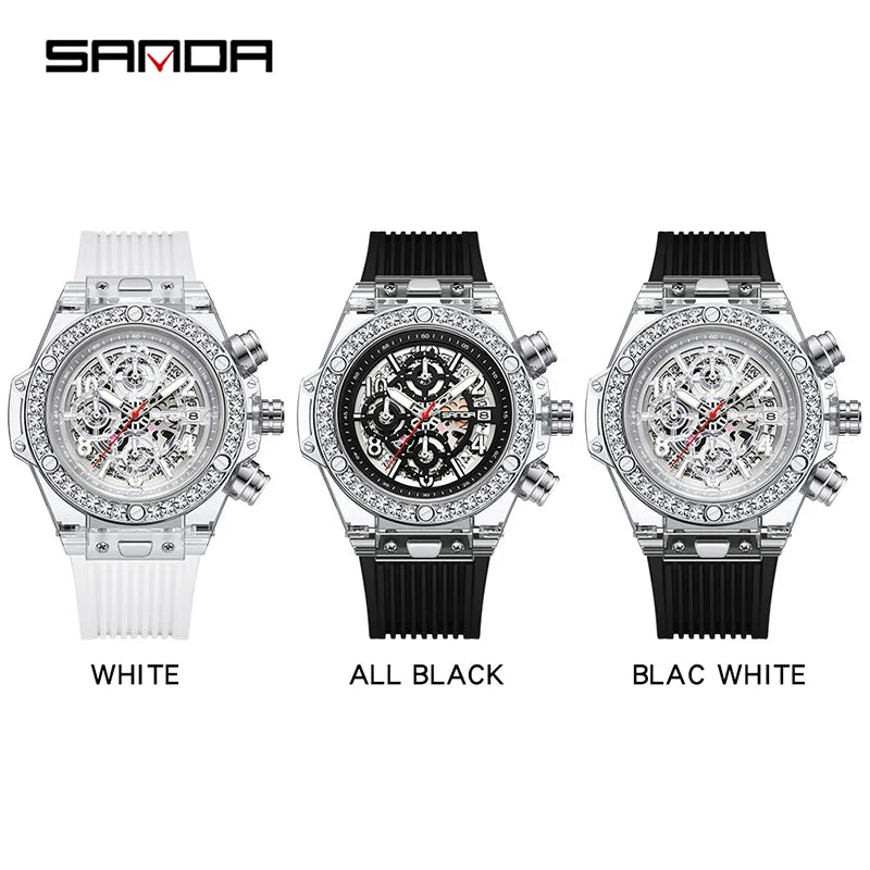 SANDA Fashion Brand Men Quartz Watches Luxury Water Diamond Business Mens Watch Waterproof Chronograph High Quality Men Watch