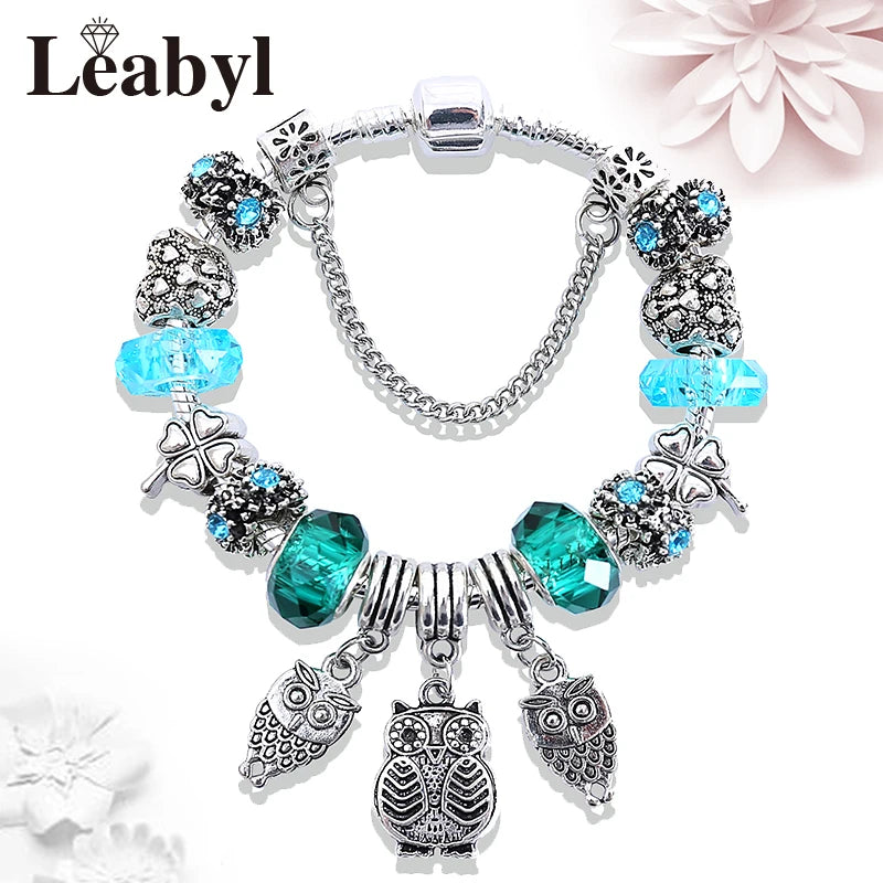 Dropshipping Silver Color Tree of Life Fashion Bead Bracelets Green Leaf Floral Crystal Charm Bracelet & Bangle Pulsera Jewelry