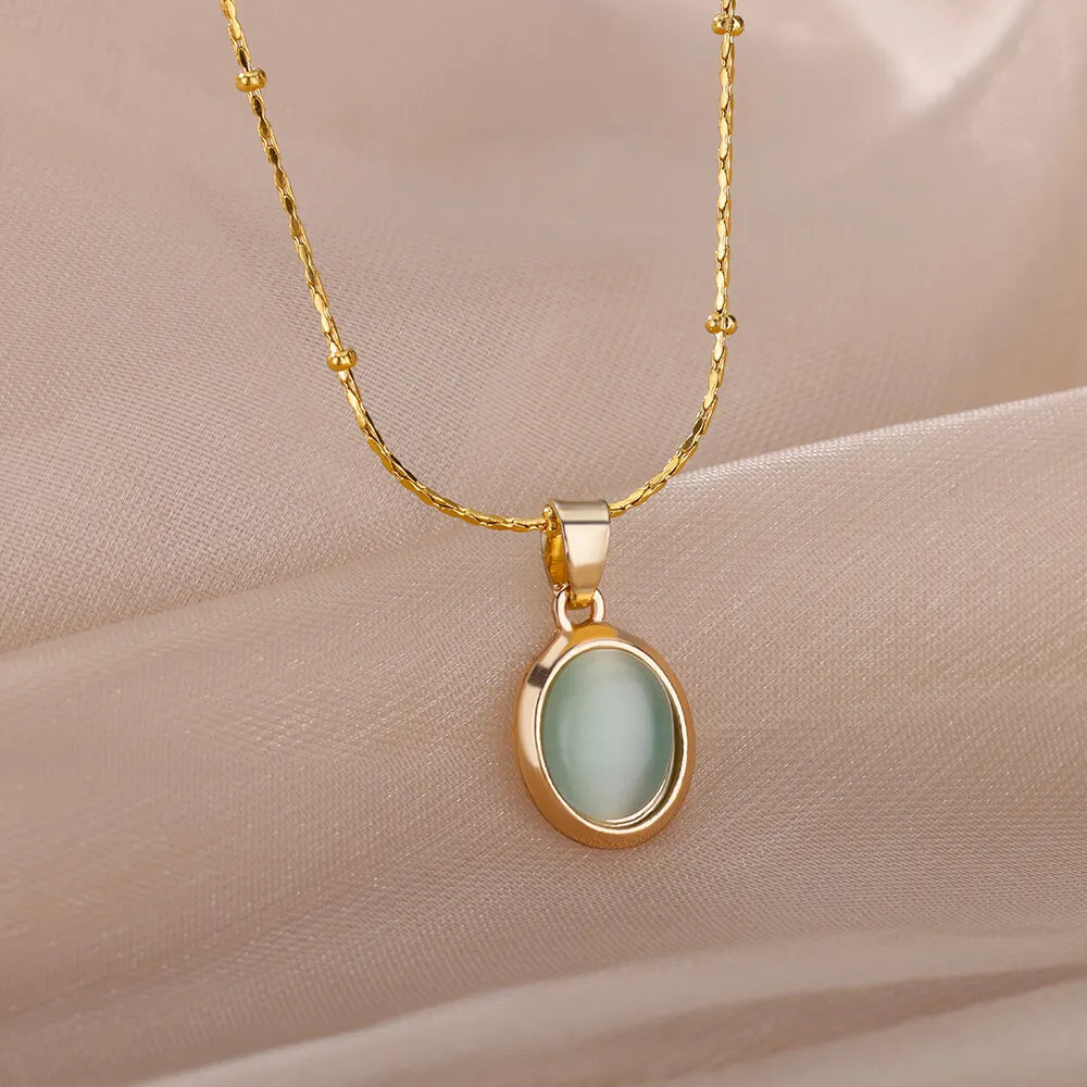 Kpop Stainless Steel Necklace for Women Transparent Moonlight Stone Ellipse Pendant Thin Chain Vintage Jewelry Gift New In