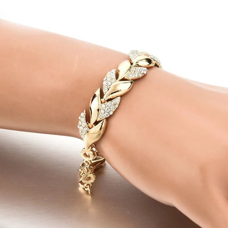 New Fashion High Quality Gold Color Leaf Bracelets for Women Temperament Full of Zircon Crystal Bangle Jewelry Accessories Gift