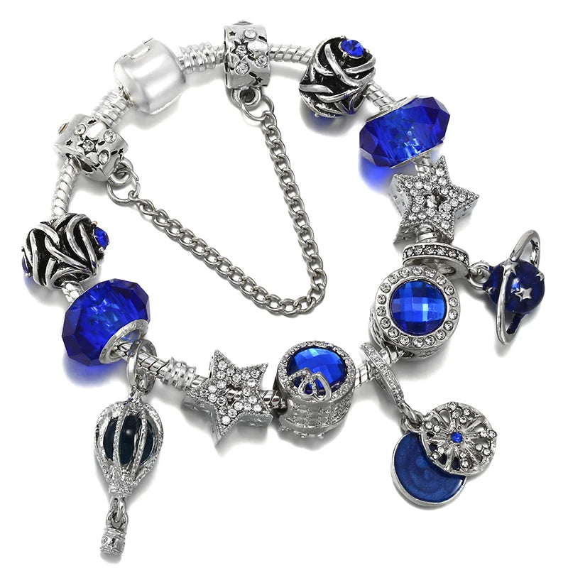 Online Hot Selling Charm Bracelets For Women With Blue Crystal Beads Star Hot-Air-Balloon Pendant DIY Bracelets Fashion Jewelry