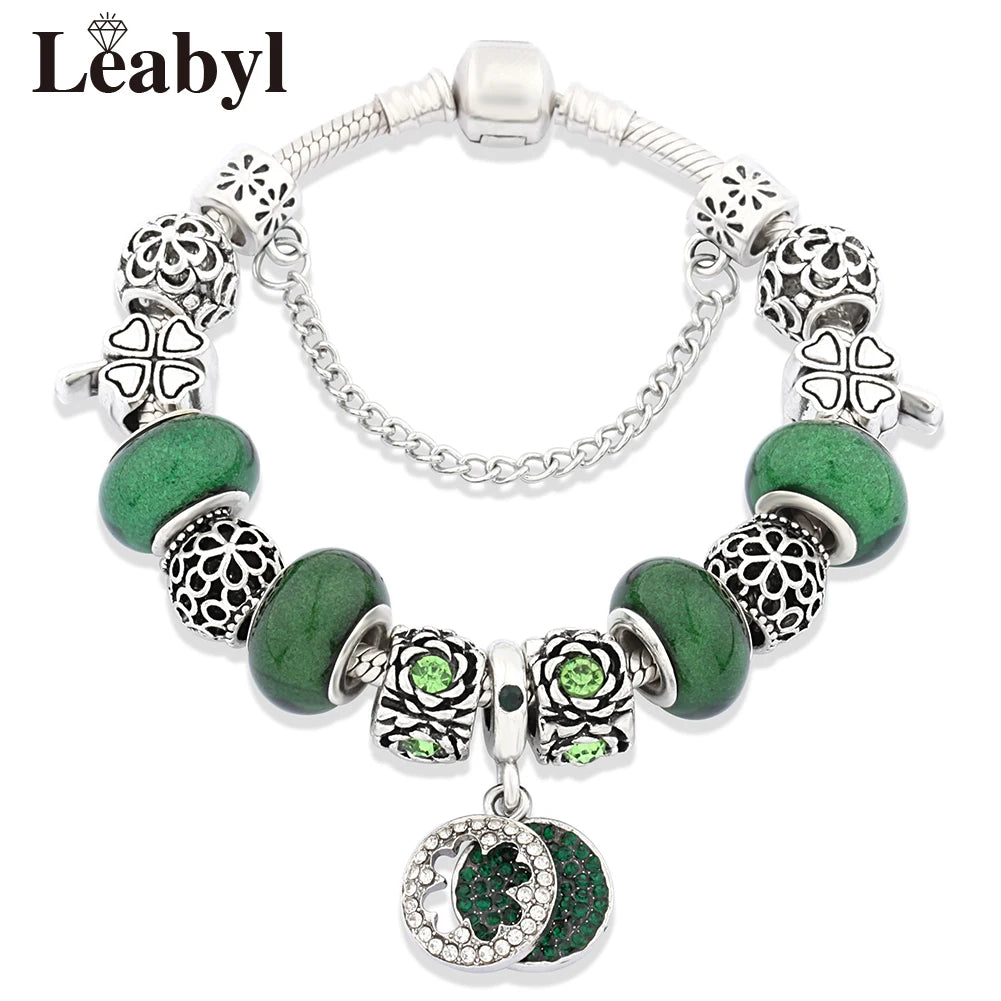 Dropshipping Silver Color Tree of Life Fashion Bead Bracelets Green Leaf Floral Crystal Charm Bracelet & Bangle Pulsera Jewelry