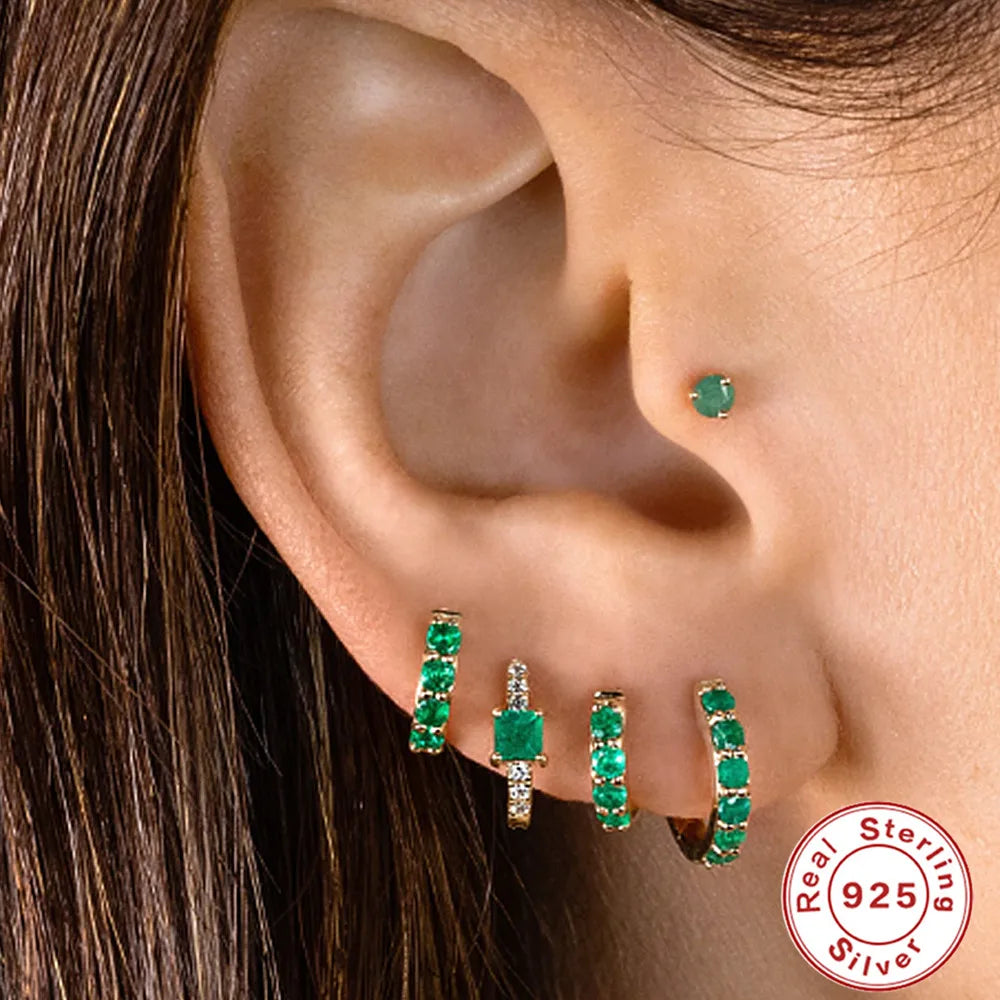 CANNER Small Ear Stud Real 925 Sterling Silver Stud Earrings for Women Green Zircon Piercing Cartilage Earring Gift Fine Jewelry