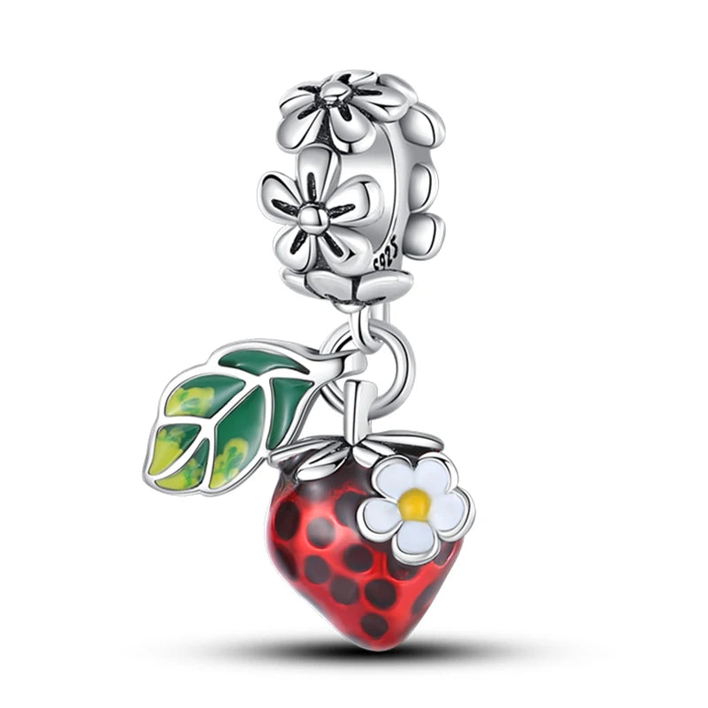 New 925 Silver Color Strawberry Cherry Fruit Series Charms Beads Fit Pandora 925 Original Bracelets DIY Birthday Jewelry Gifts