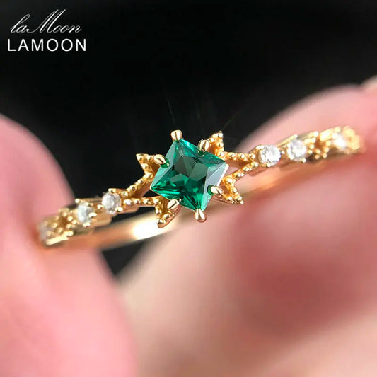 LAMOON Vintage Bojiu Synthetic Emerald Ring For Women Pinky Knuckle Stacking Thin Rings 925 Sterling Silver Gold Vermeil Jewelry