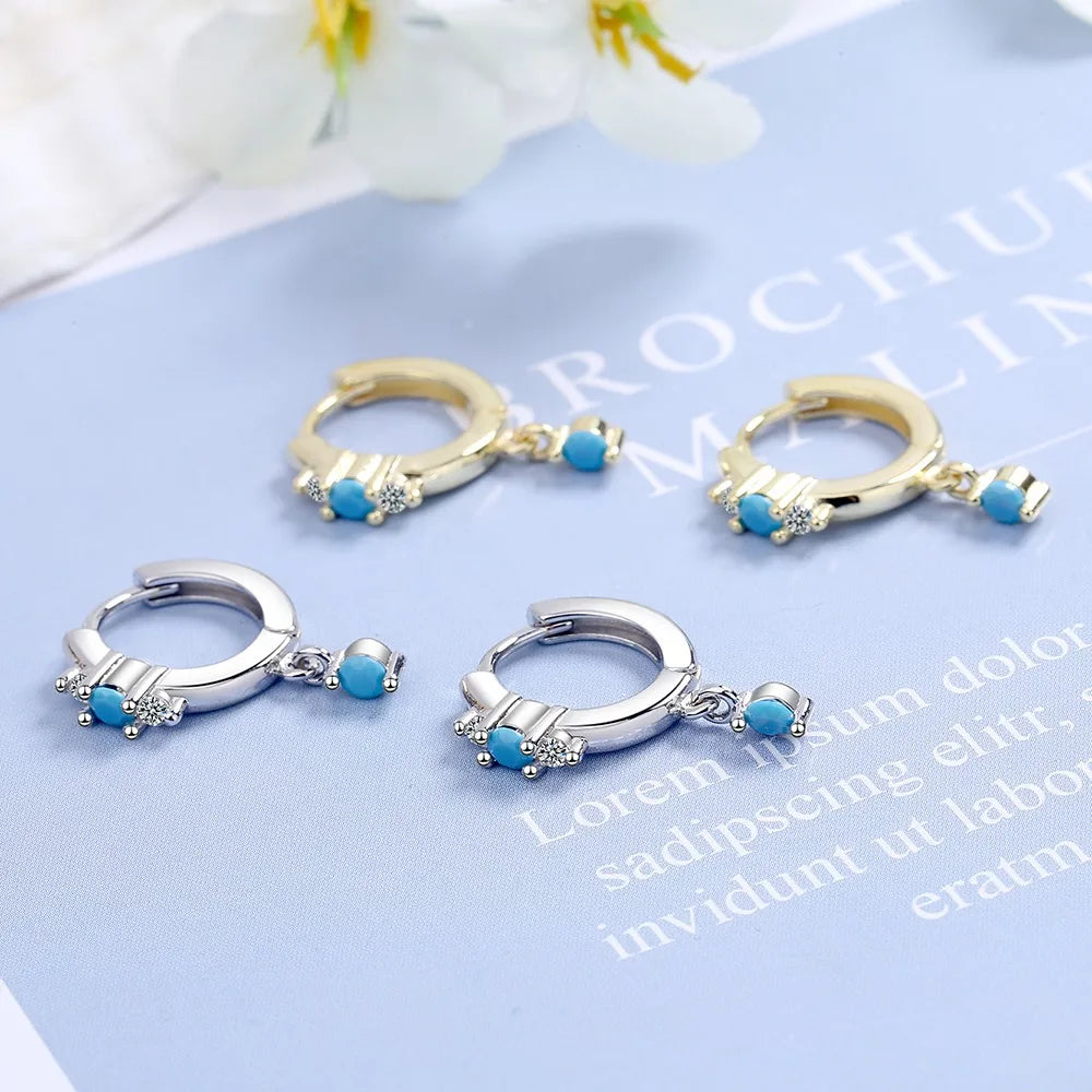 Vintage Natural Turquoise Hoop Earrings Solid Stamp 925 Sterling Silver Luxury Trendy Earring For Women Wedding Jewelry