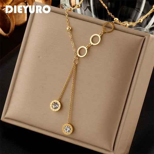 DIEYURO 316L Stainless Steel Roman Necklace For Women Luxury Designer Fashion Zircon Long Pendant Necklaces Girls Jewelry Gift