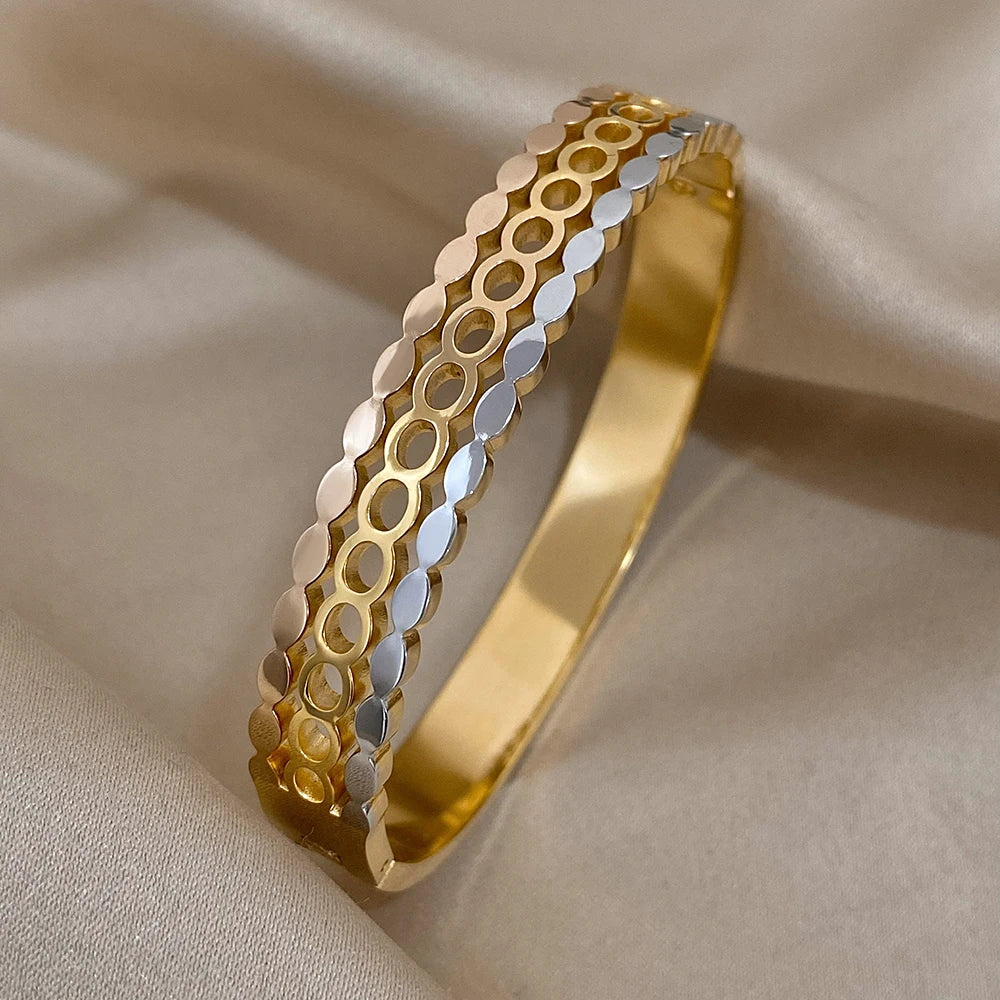 Greatera Tricolor Stainless Steel Oval Ripple Cuff Bracelet Bangle for Women Gold Plated Layered Wrist Waterproof Jewelry