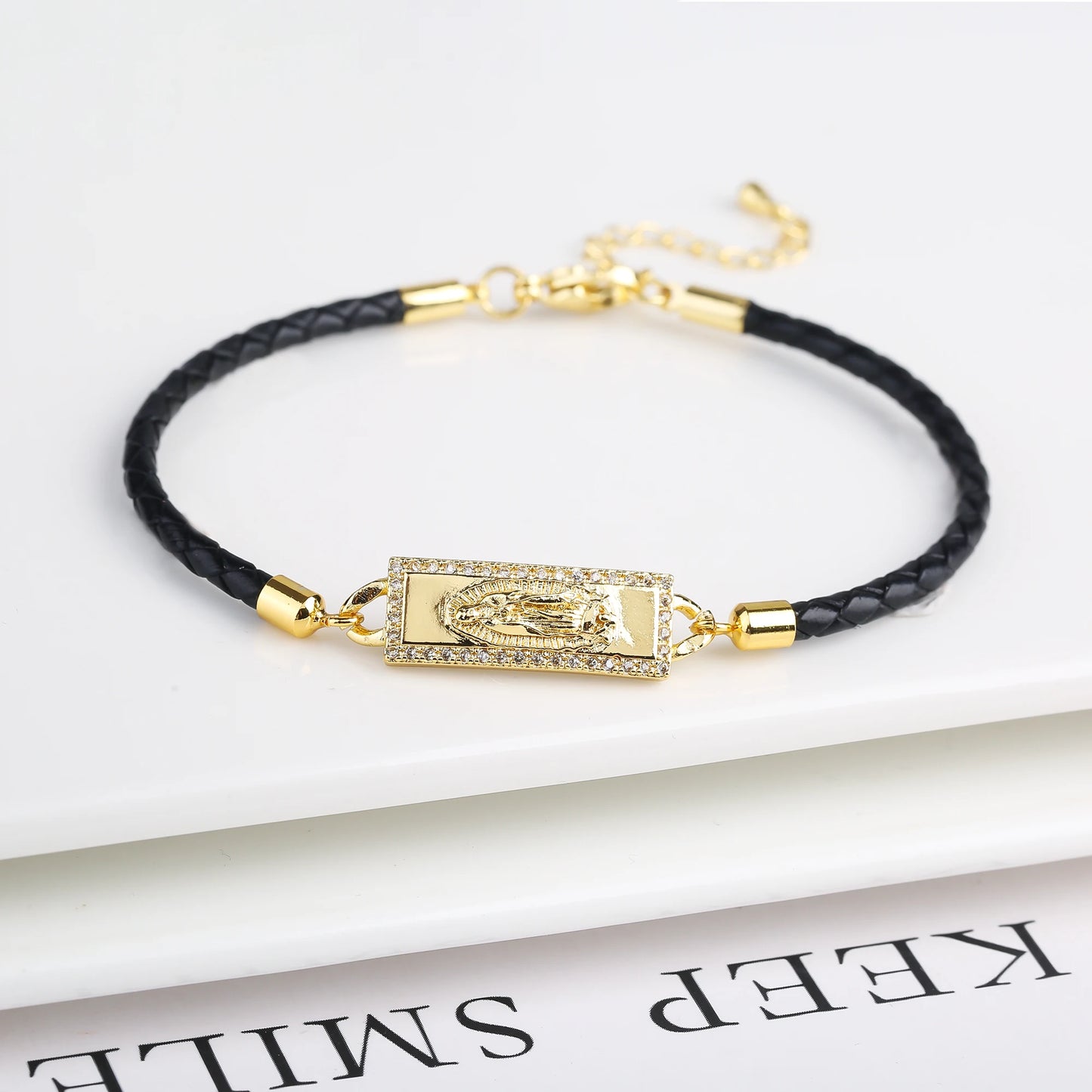 Classic Religious Jewelry Charm Bracelet Fashion Women's Zirconia St. Jude Leather Braided Bracelet for Party Gift Daily Wear