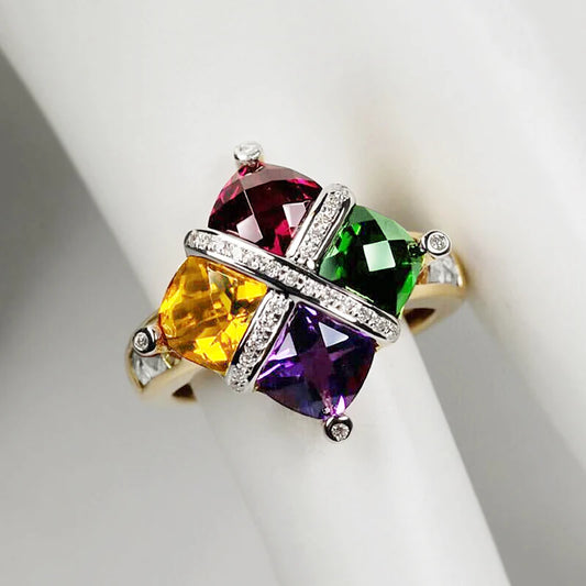 2022 NEW Fashion 18K Gold Colorful Amethyst Topaz Emerald Ruby Couples Ring For Women Full Diamond Engagement Party Gift Jewelry