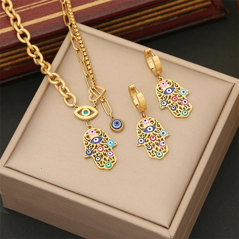 316L Stainless Steel New Fashion Fine Jewelry Zircon Colorful Eyes Palm Heart Charm Chain Necklaces Bracelets Earrings For Women