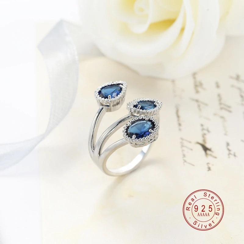 Classic 925 Sterling Silver High Quality Clear Blue Sparking CZ Geometric Stackable Opening Rings for Women Wedding Jewelry Gift