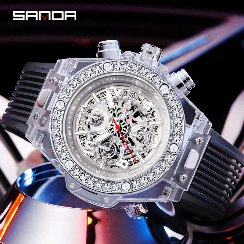 SANDA Fashion Brand Men Quartz Watches Luxury Water Diamond Business Mens Watch Waterproof Chronograph High Quality Men Watch