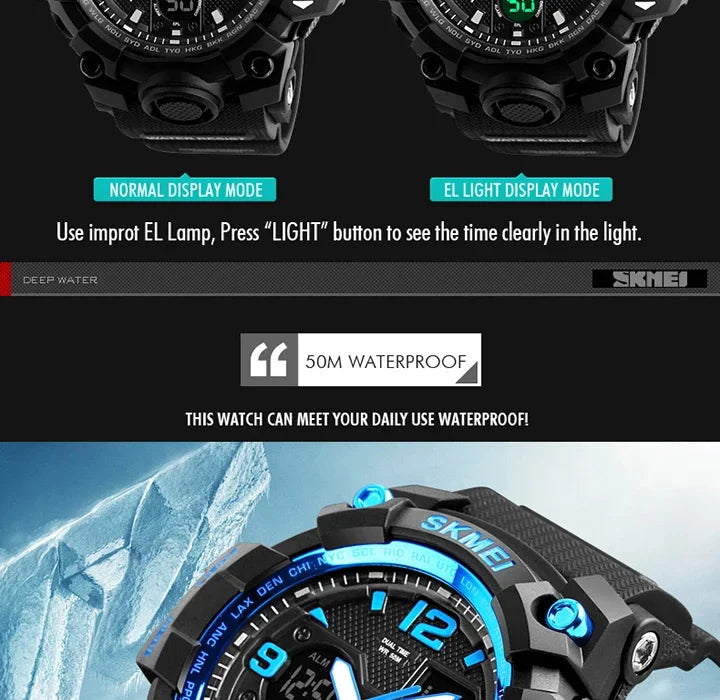 SKMEI 1155B  5Bar Waterproof Dual Display Wristwatches Relogio Masculino watch Sport Men Military Digital Watches Sport Watch