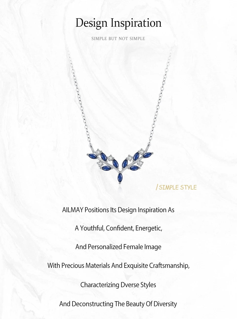 Ailmay  Genuine 925 Sterling Silver Blue Leaf Pendant Necklace For Women Girl Charm Wedding Party Jewelry