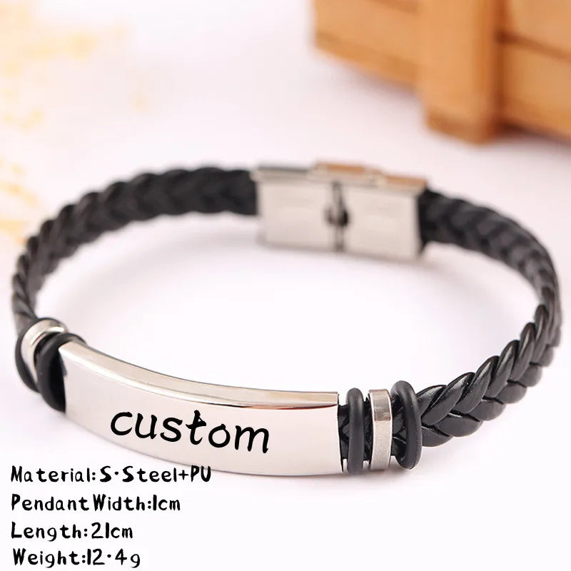 Custom Logo Name Engrave Leather Bangle Hand Made Bracelet Customized Stainless Steel Bracelets For Men ID Bracelet Jewelry Gift