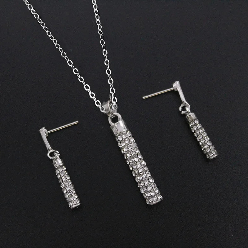 Exquisite Luxury Shining Rhinestone Necklace Drop Earrings for Women Elegant Geometric Cylinder Pendant Necklace Jewelry Set New