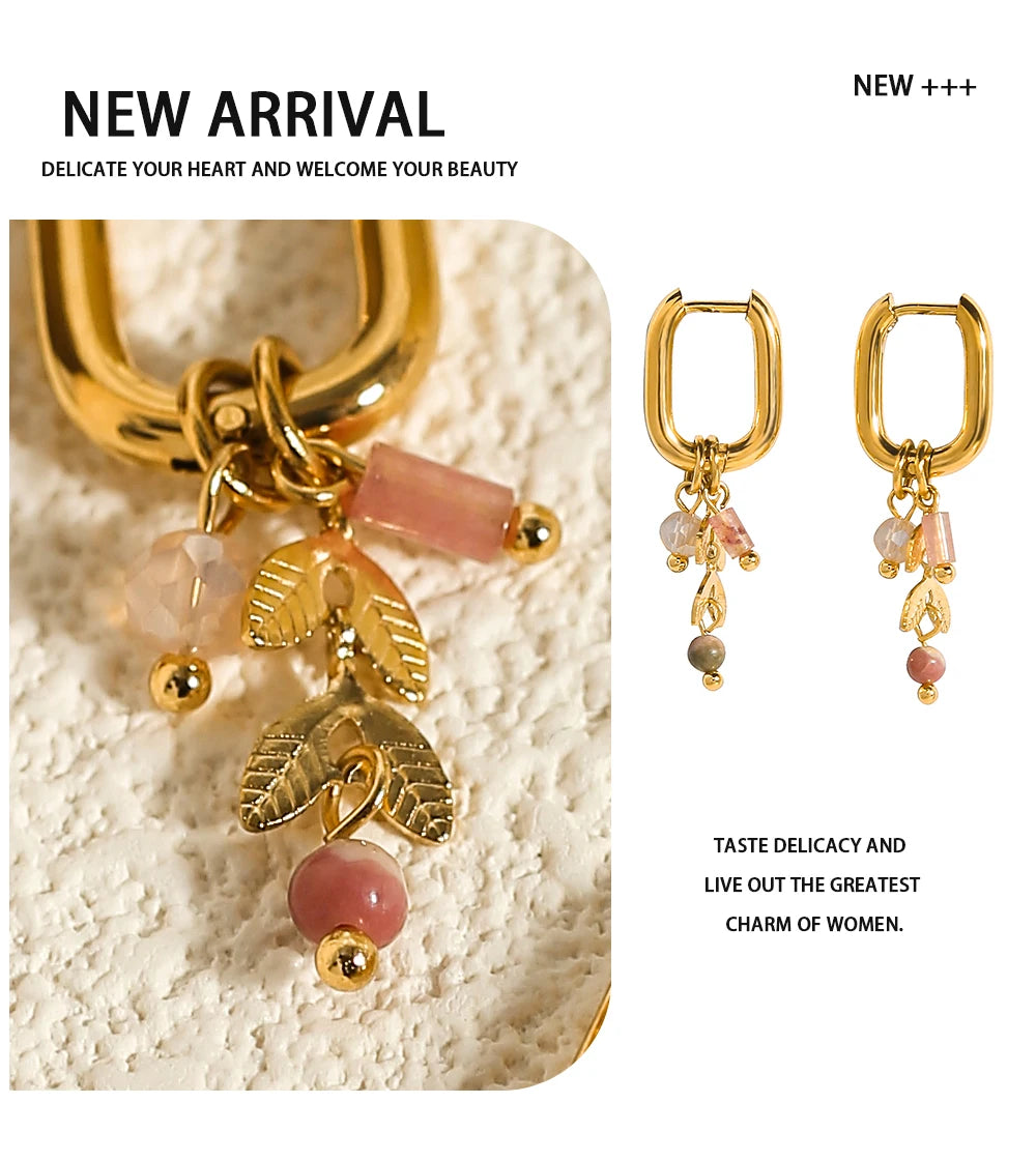 YACHAN New In 18K Gold Plated Stainless Steel Hoop Earrings for Women Cute Pink Crystal Natural Stone Charms Trendy Jewelry