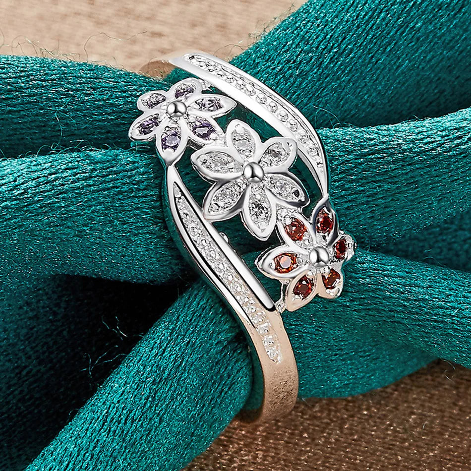 URMYLADY 925 Sterling Silver Red Zircon Flower Ring For Women Wedding Charm Engagement Fashion Jewelry