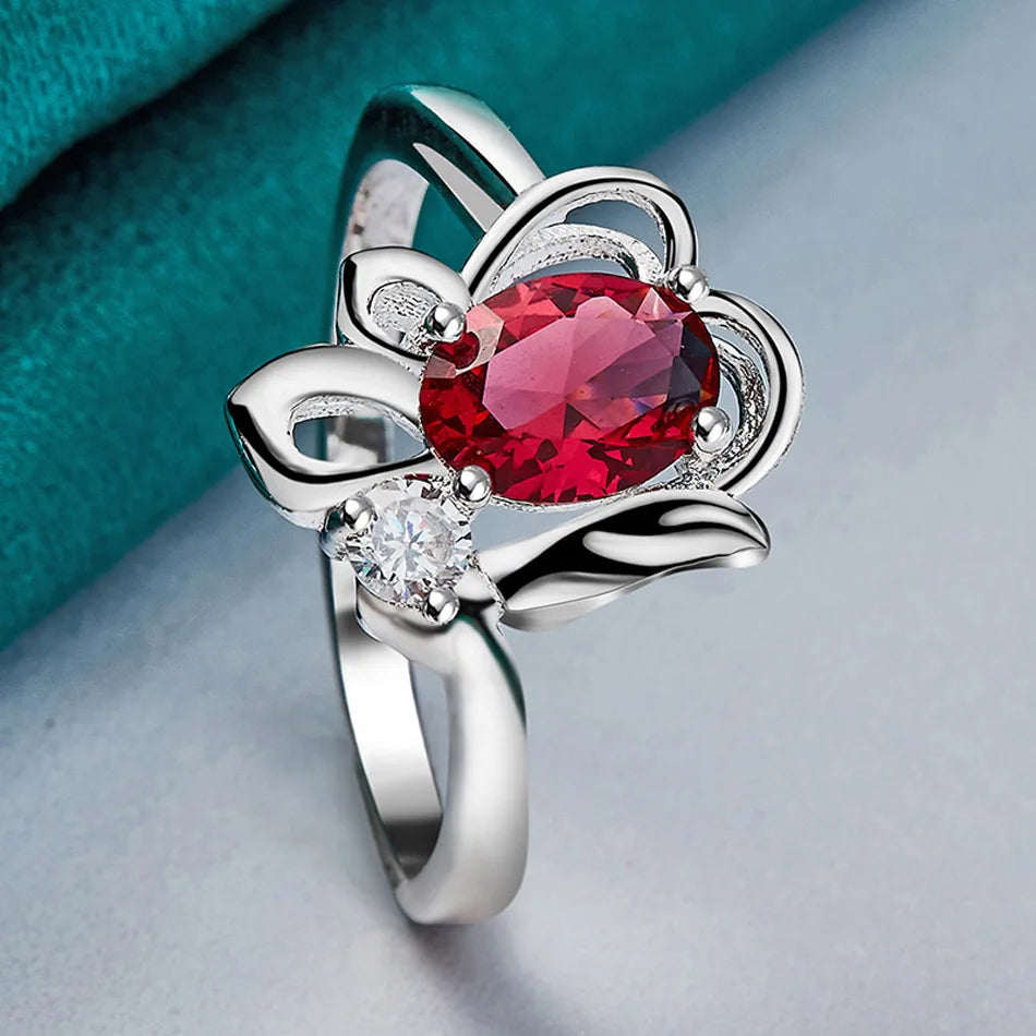 URMYLADY 925 Sterling Silver Flower Ruby 7-10# Ring For Women Wedding Engagement Fashion Charm Jewelry