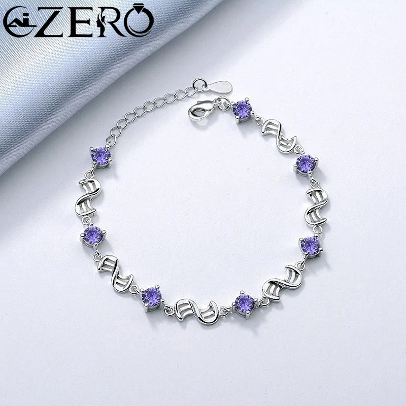 NEW Fine 925 Sterling Silver Purple Crystal Lucky Clover Bracelets for Women Fashion Party Wedding Accessories Jewelry 17CM+4CM