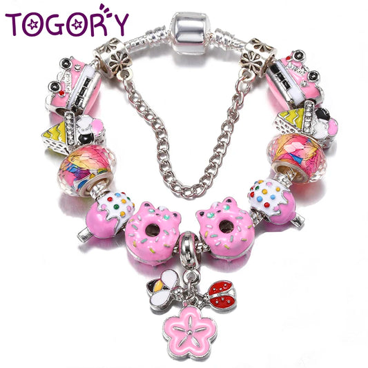 TOGORY Luxury Enamel Donut Beads Bracelets With Silver Color Chain Bracelets For Women Men Fiancee Bijoux Pulseras Jewelry Gift