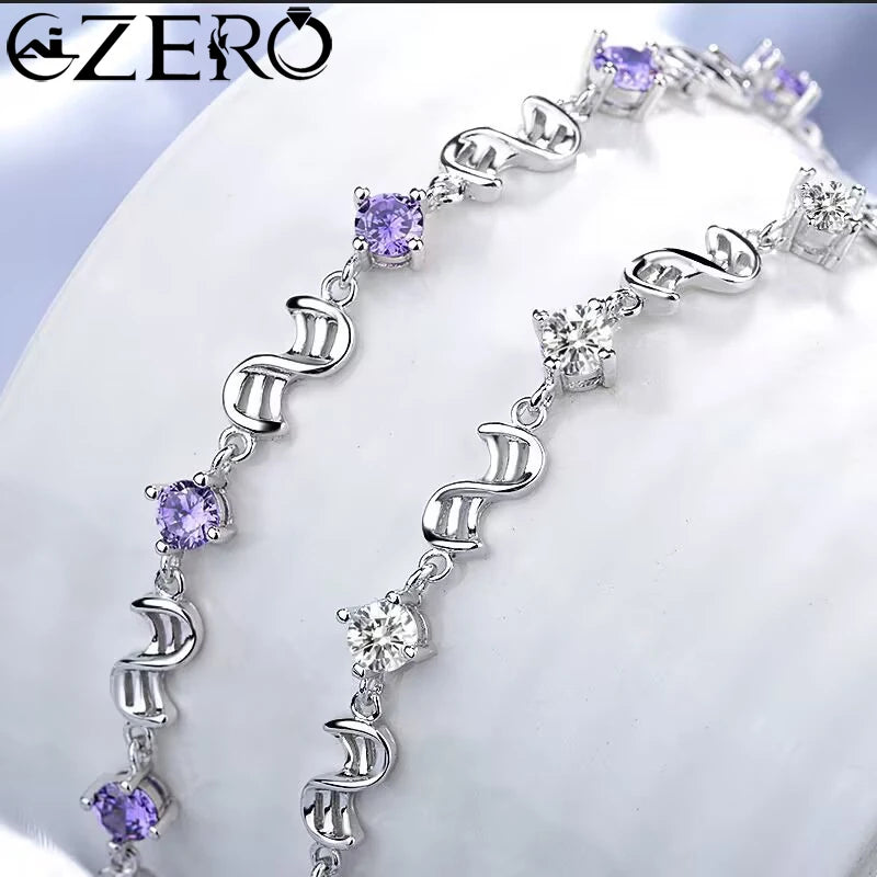 NEW Fine 925 Sterling Silver Purple Crystal Lucky Clover Bracelets for Women Fashion Party Wedding Accessories Jewelry 17CM+4CM