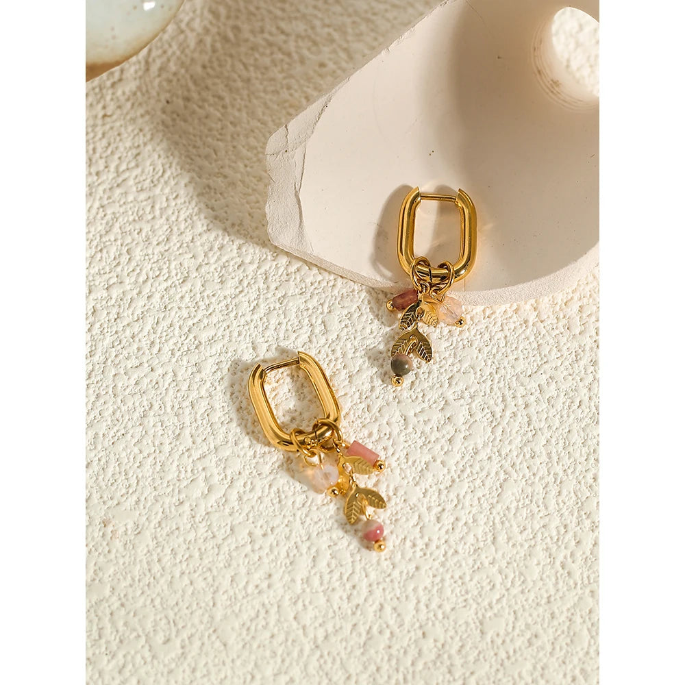 YACHAN New In 18K Gold Plated Stainless Steel Hoop Earrings for Women Cute Pink Crystal Natural Stone Charms Trendy Jewelry