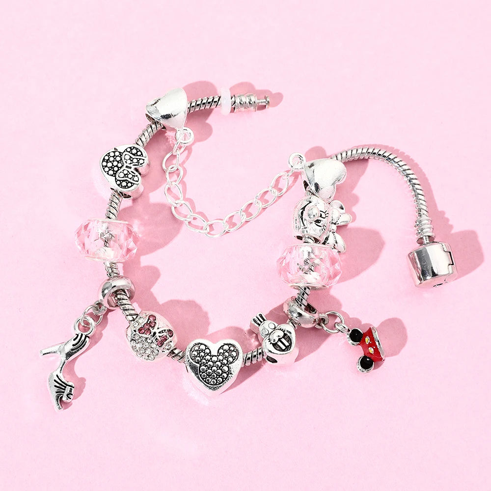 Disney Cute Pink Crystal Mickey Minnie Charm Bracelet Silver Color Heart Bead Bracelets for Women Girl Fashion Jewelry Gift