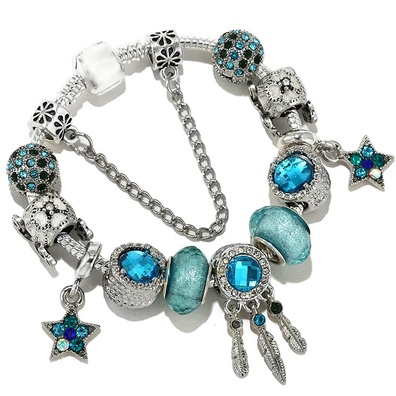 Online Hot Selling Charm Bracelets For Women With Blue Crystal Beads Star Hot-Air-Balloon Pendant DIY Bracelets Fashion Jewelry