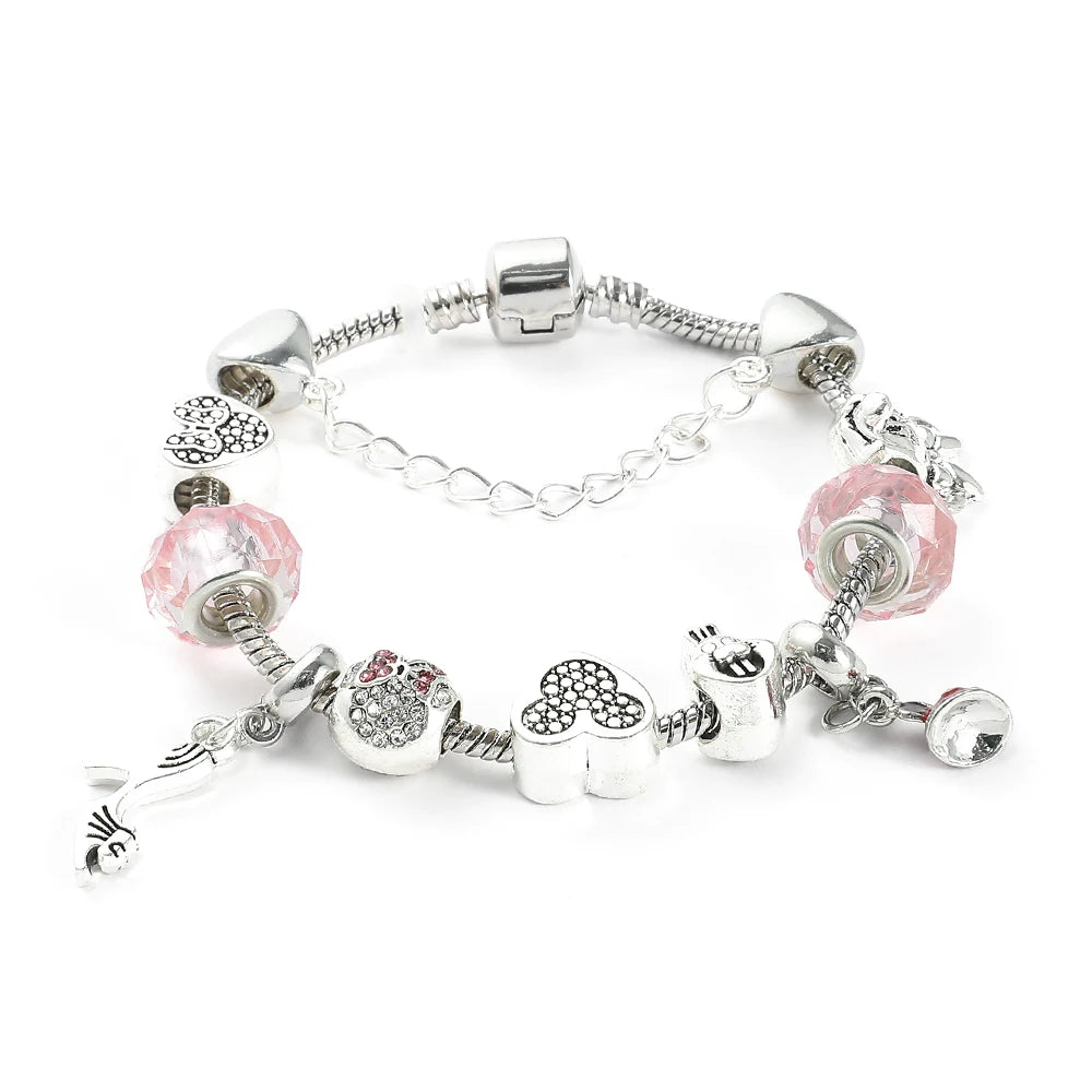 Disney Cute Pink Crystal Mickey Minnie Charm Bracelet Silver Color Heart Bead Bracelets for Women Girl Fashion Jewelry Gift