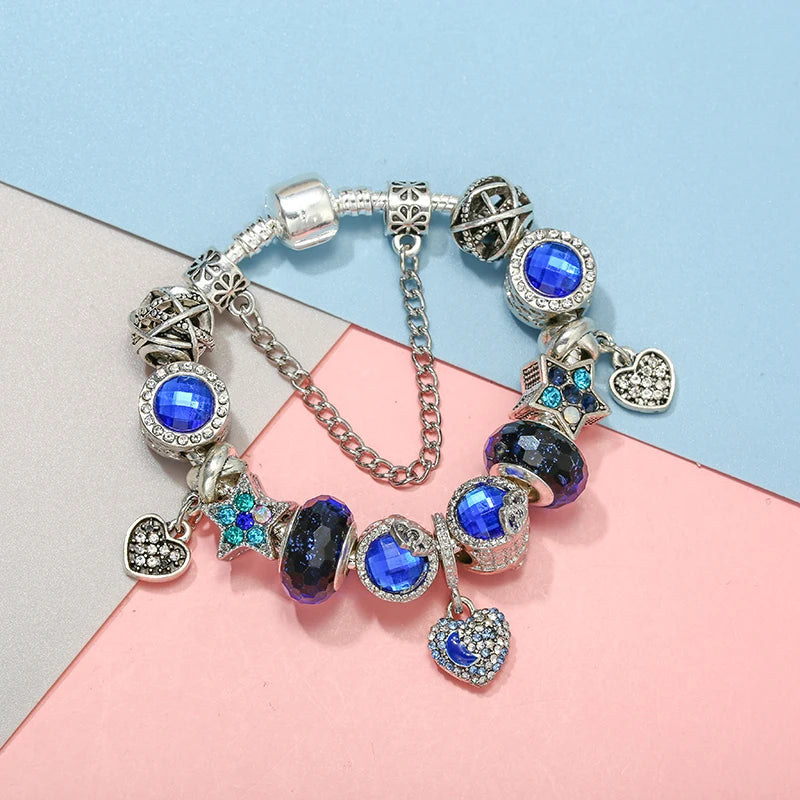 Online Hot Selling Charm Bracelets For Women With Blue Crystal Beads Star Hot-Air-Balloon Pendant DIY Bracelets Fashion Jewelry