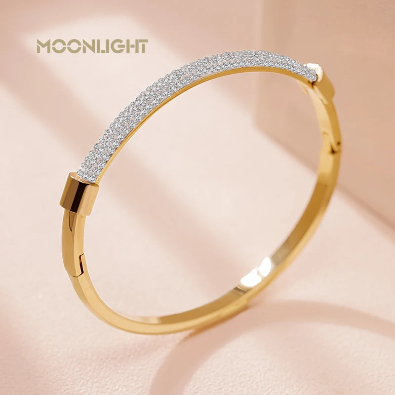 MOONLIGHT Fashion Cubic Zirconia Cuff Bangles for Women Trendy Titanium Steel Circular Classic Bracelet Female Jewelry Gift