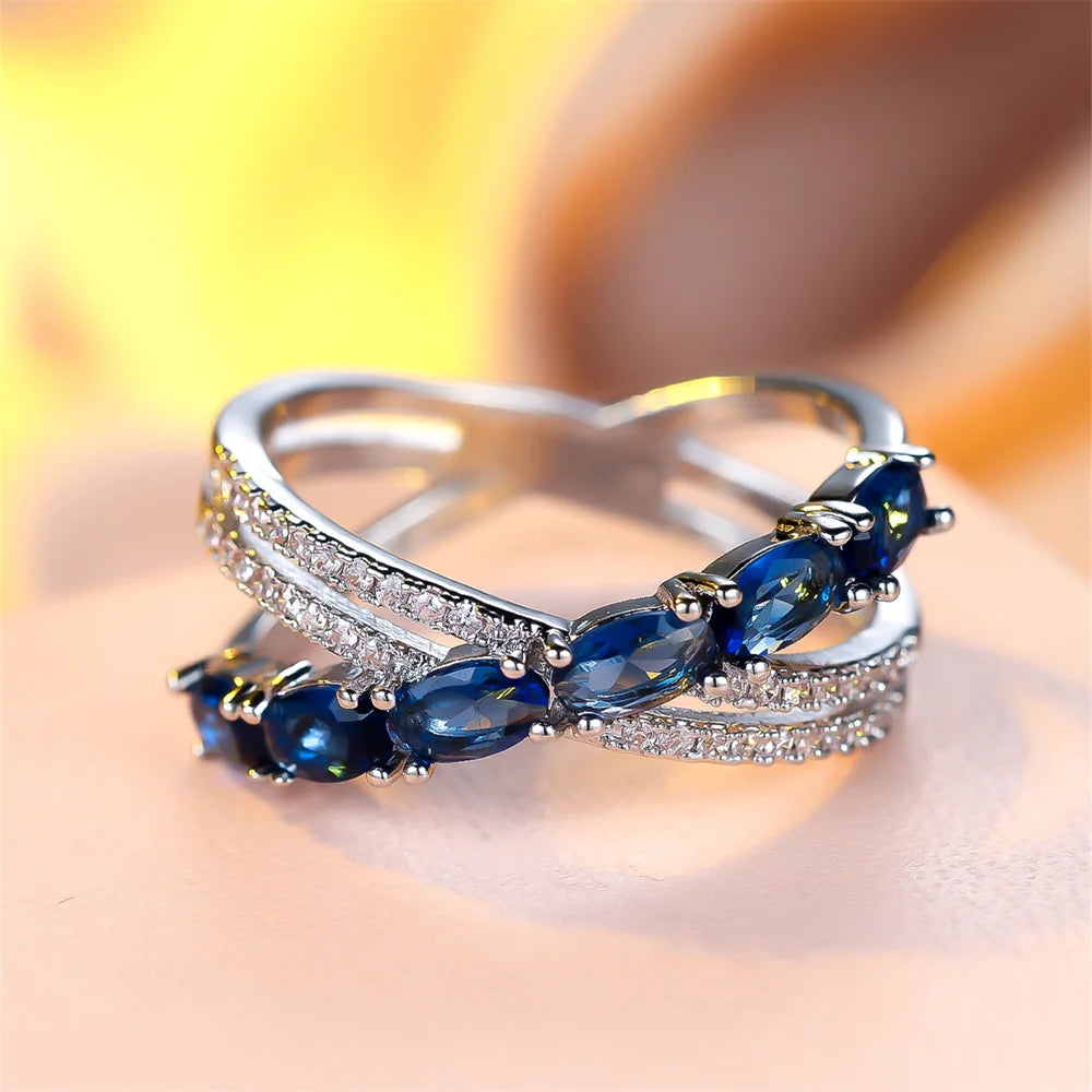 Blue Crystal Oval Stone Cross Rings For Women Trendy Silver Color Wedding Band Engagement Jewelry Simple Fashion Birthday Gifts