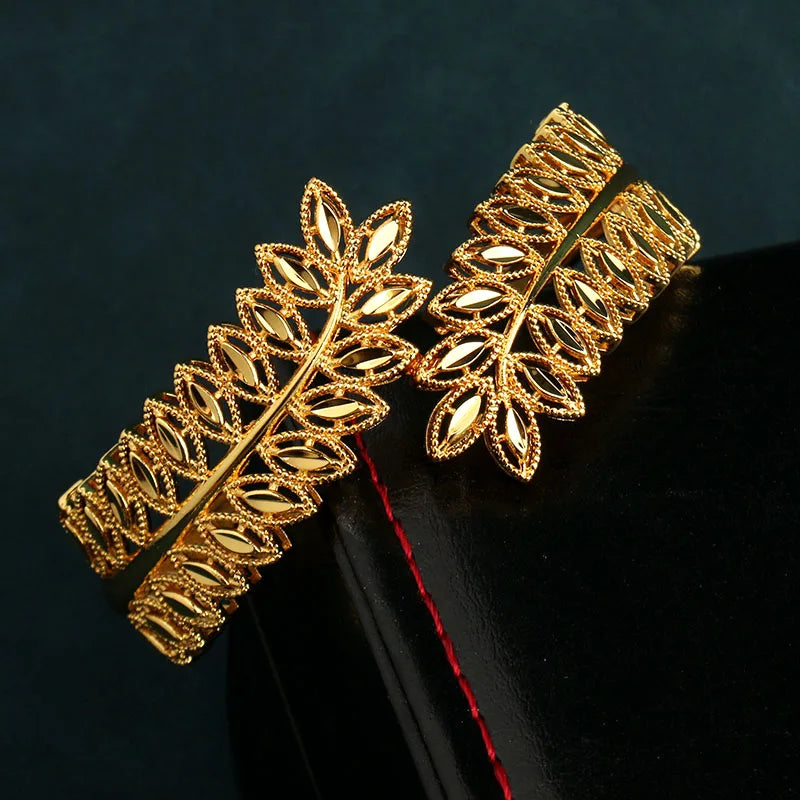 Copper Plating Gold Bracelet Ring Saudi Trendy  Bangle Bracelet for Bridal Leaves Design Cuff Bracelet  Arabic Luxury Jewelry