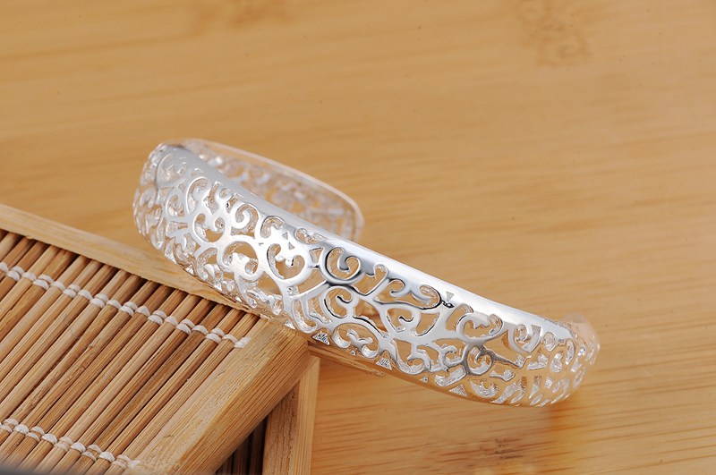 Fine Silver Color Hollow Pattern Bangles Bracelets for Women Adjustable Fashion Luxury Jewelry Wedding Party Lady Gift