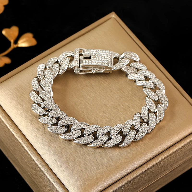 EILIECK Silver Color Cuban Chain Bracelet For Women Trendy Punk Waterproof Full Zircon Wrist Chain Jewelry Gift Party Pulseras