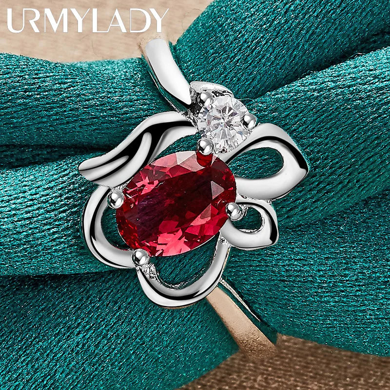 URMYLADY 925 Sterling Silver Flower Ruby 7-10# Ring For Women Wedding Engagement Fashion Charm Jewelry