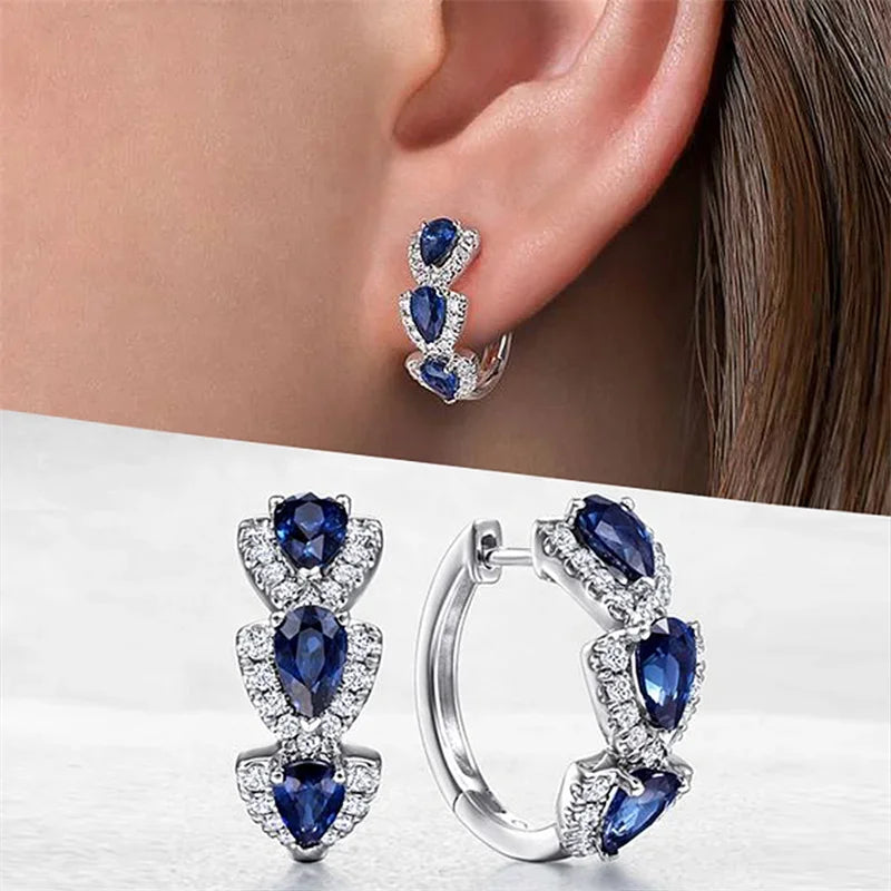 New Luxury Trendy Blue Cubic Zirconia Hoop Earrings Wedding Party Elegant Accessories for Women Anniversary Gift  Jewelry