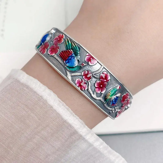 Ethnic Style 925 Silver Picturesque Magpie Plum Blossom Bracelet for Women Embossed Vintage Colored Enamel Bangles Jewelry