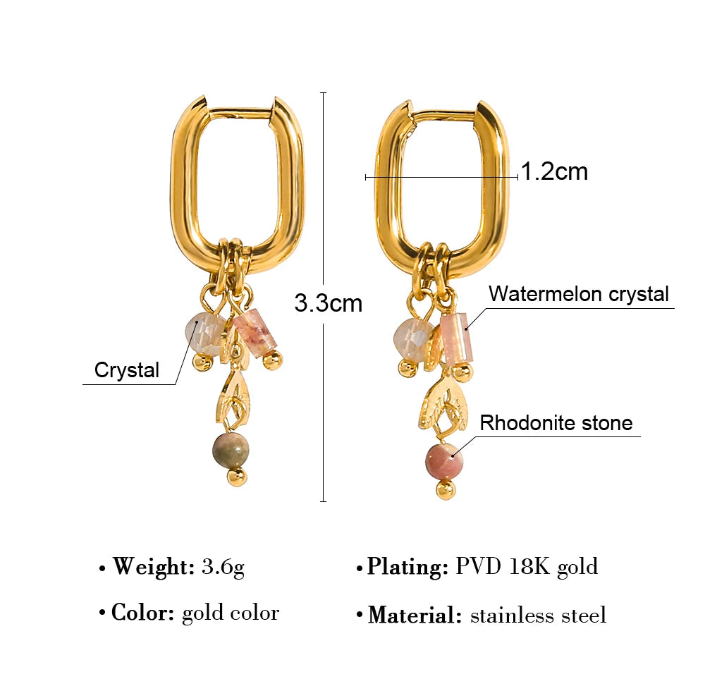 YACHAN New In 18K Gold Plated Stainless Steel Hoop Earrings for Women Cute Pink Crystal Natural Stone Charms Trendy Jewelry