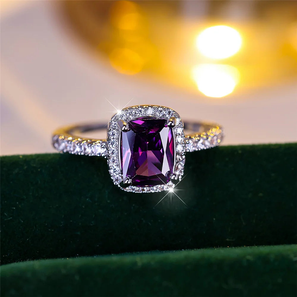 Luxury Female Purple Zircon Stone Engagement Ring Charm Silver Color Wedding Jewelry For Women