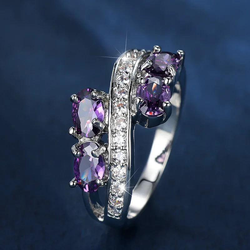 Luxury Female Crystal Purple Oval Zircon Stone Engagement Ring Cute Wedding Jewelry For Women