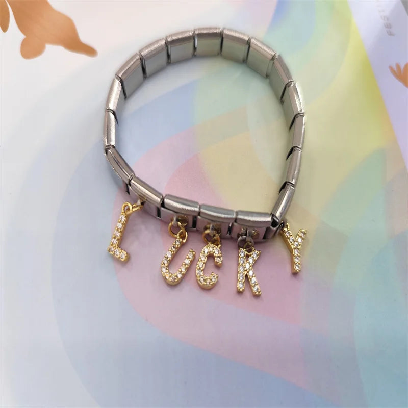 New Hot Selling 9mm Stainless Steel Italian Charm Letter Pendant with Diamond Inlay Bracelet Module Elastic Bangle Wholesale