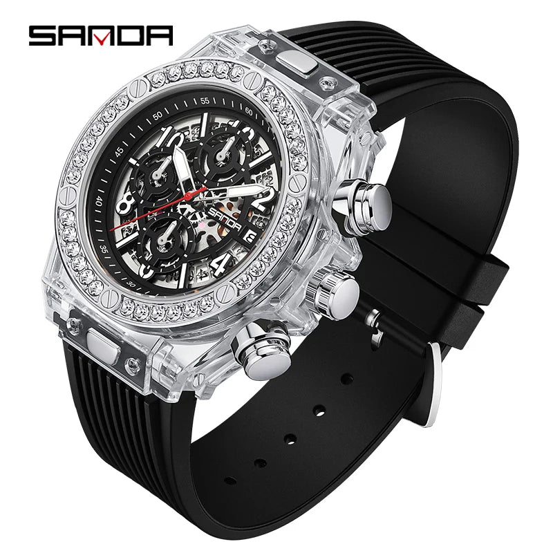 SANDA Fashion Brand Men Quartz Watches Luxury Water Diamond Business Mens Watch Waterproof Chronograph High Quality Men Watch