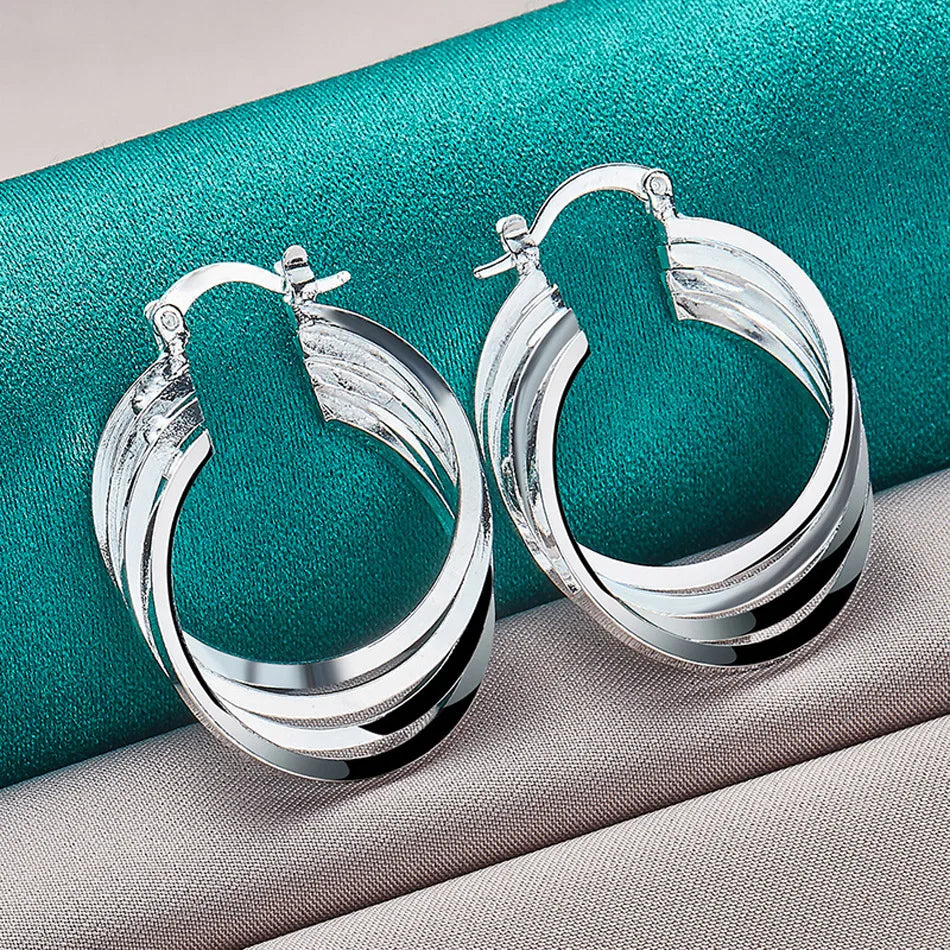 URMYLADY 925 Sterling Silver 25mm Multiple Rings Earrings Ear Loops for Women Charm Wedding Engagement Fashion Party Jewelry